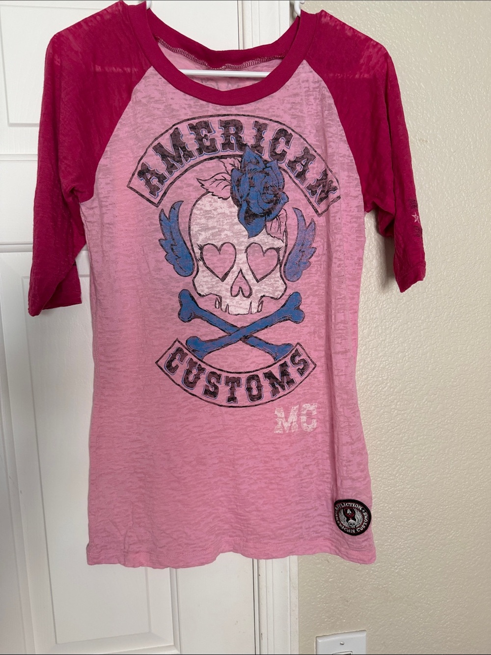 Affliction Pink Raglan Rose Skull burnt out Tee Blue Graphic, size XL Perfect!